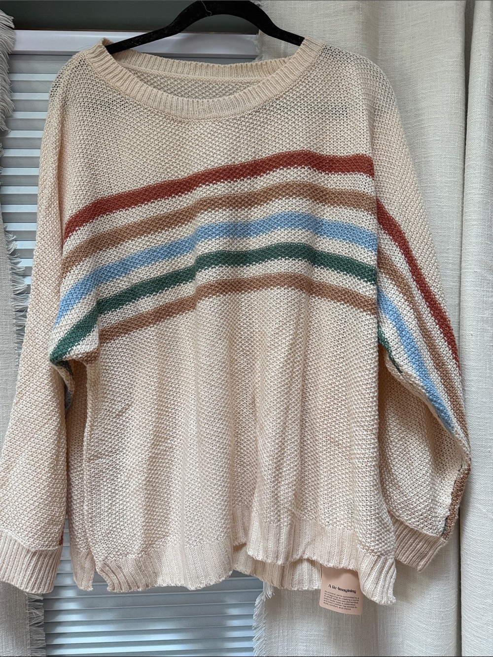 BloomChic Cream Crewneck Sweater with Multicolor Stripes